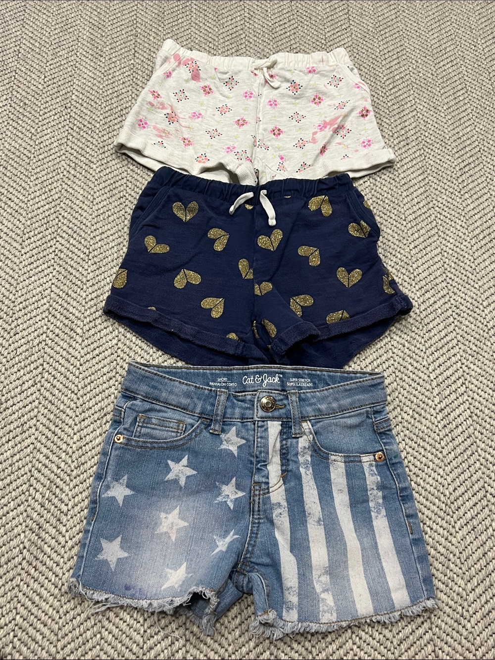 Girls Cat & Jack Navy Shorts with Gold Hearts and Floral & Star Denim Mix